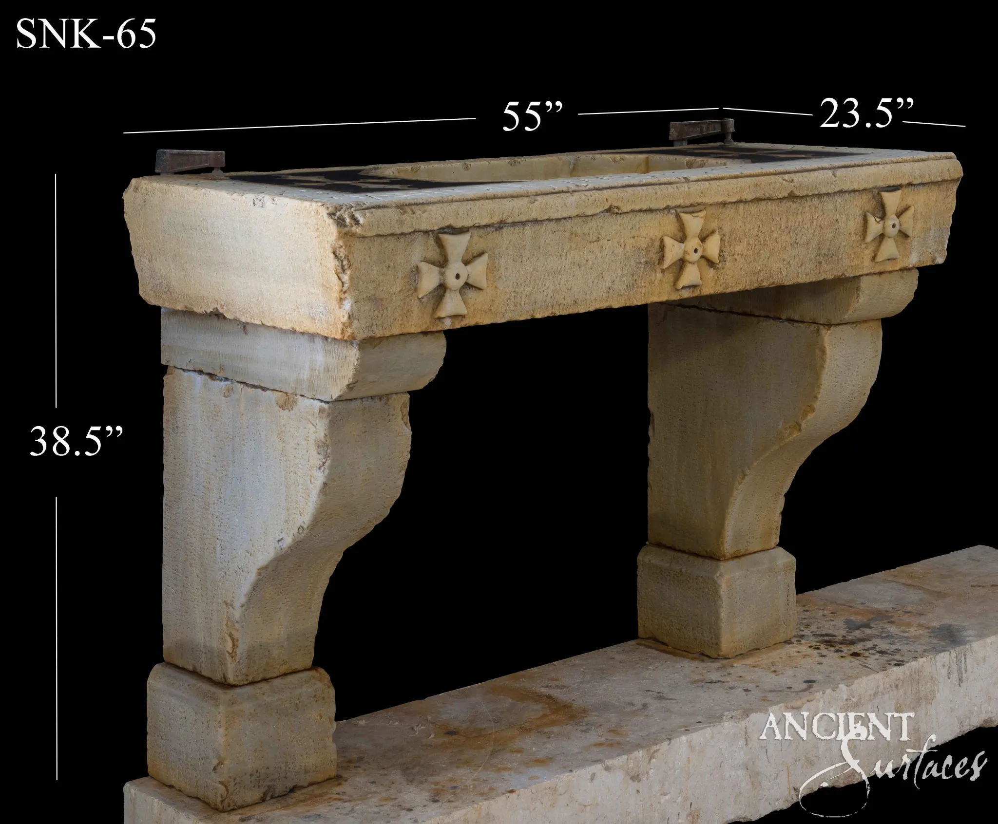 Rectangular reclaimed limestone console sink carved with three Maltese crosses on scrolled corbel legs