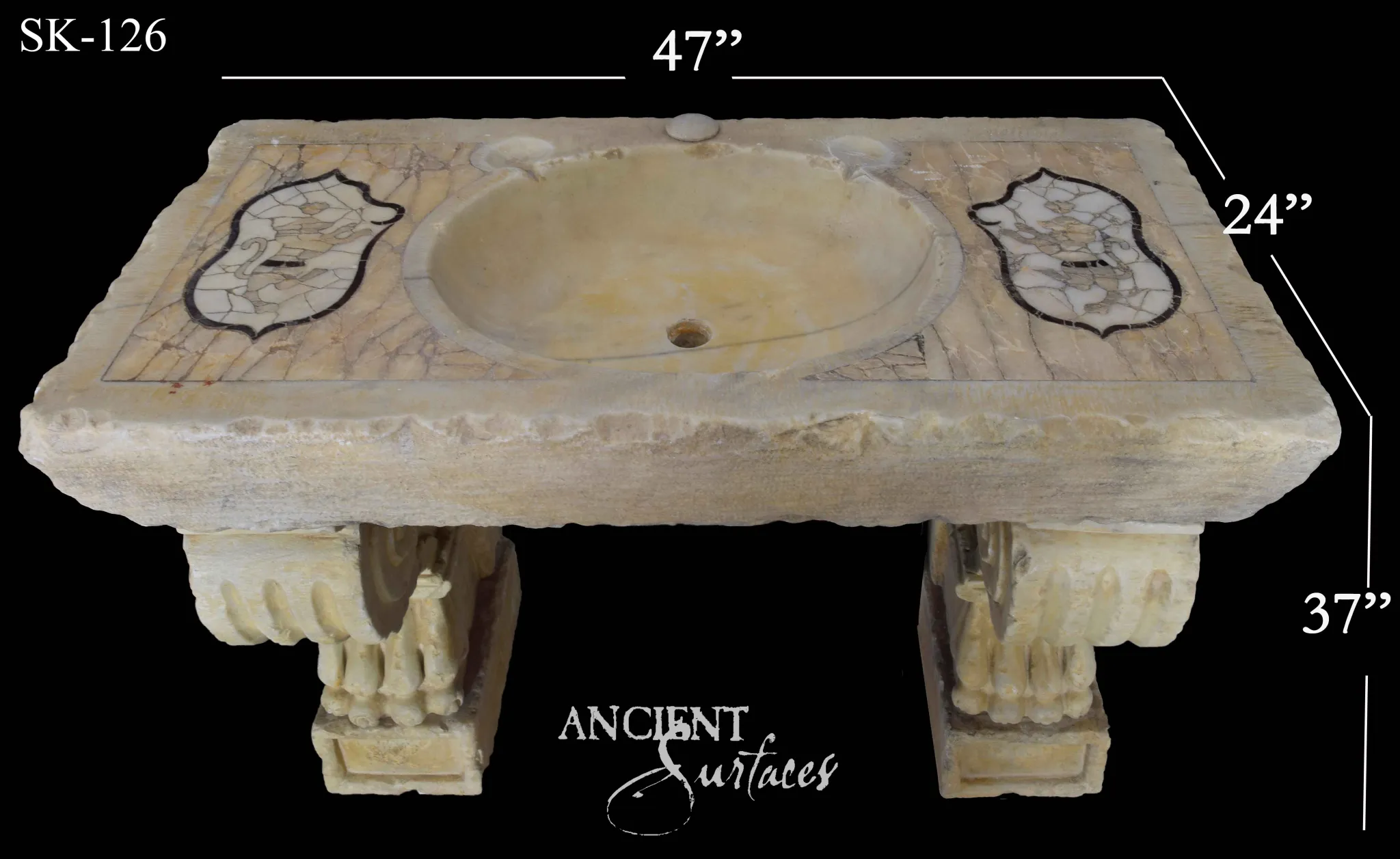 Reclaimed limestone sink with an oval basin and armorial-crest mosaic panels on carved corbel legs