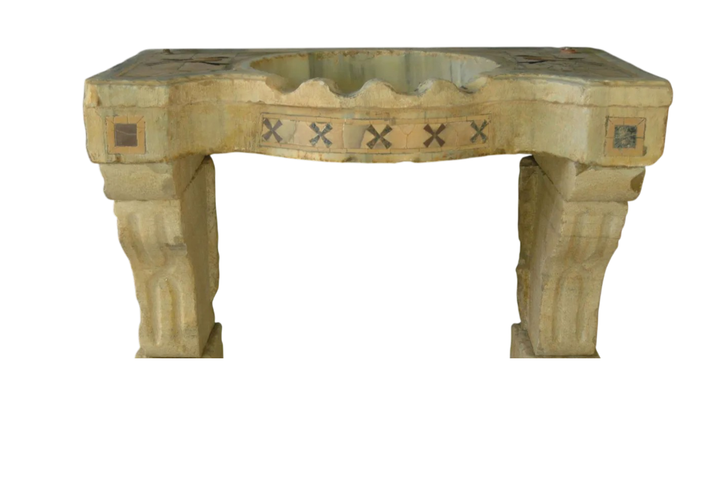 Reclaimed limestone sink with an oval basin and an X-motif marble mosaic apron raised on hand-carved corbel legs